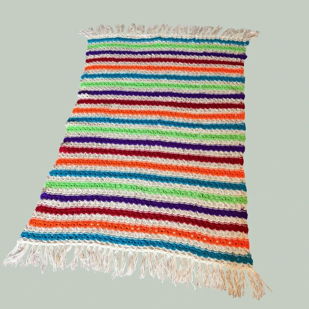 Vintage Handmade Crochet Rainbow Stripe Broomstick Lace Afghan Throw Blanket